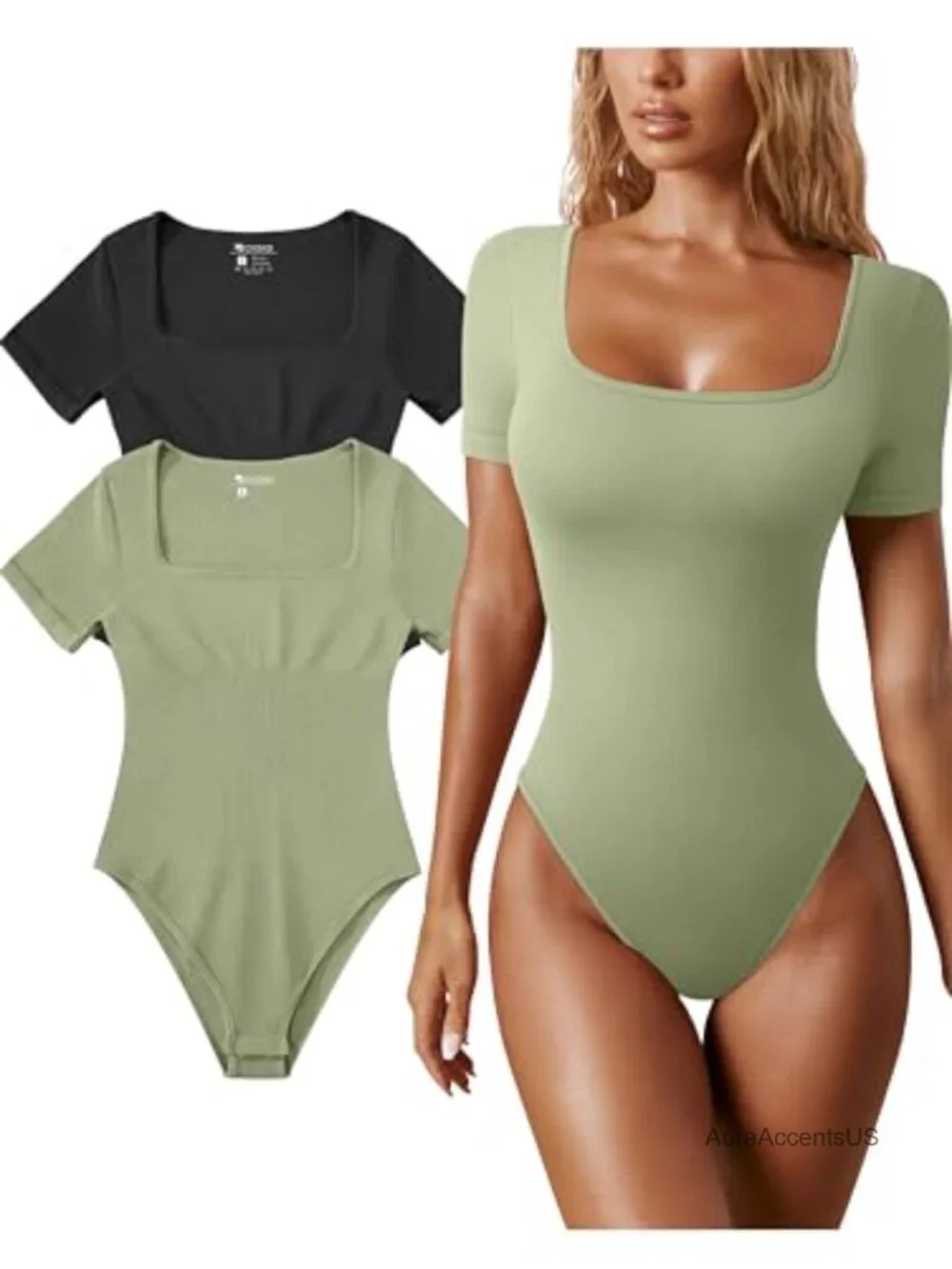 2pk Ribbed Square Neck Bodysuits Sexy Short Sleeve Snap Button